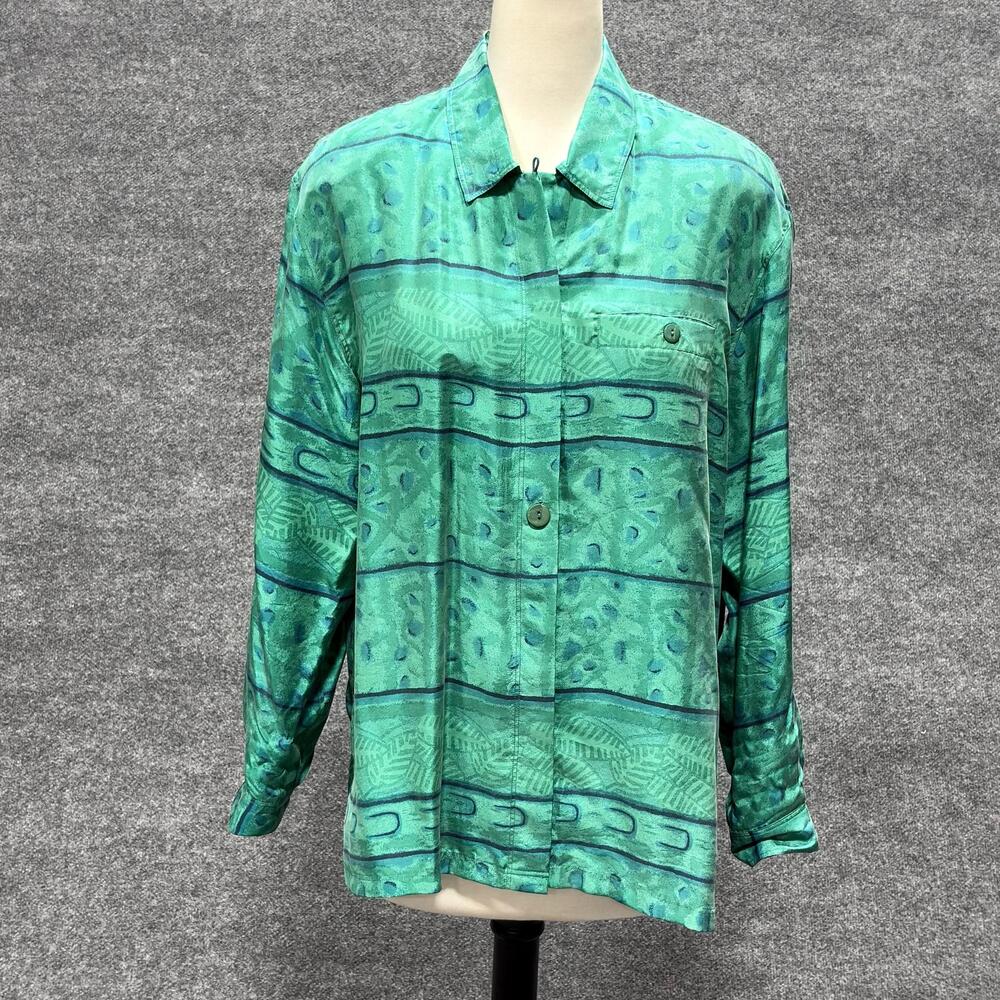 Diane Gilman Shirt Womens L Green Silk Stripe Button Front Long Sleeve Print Top